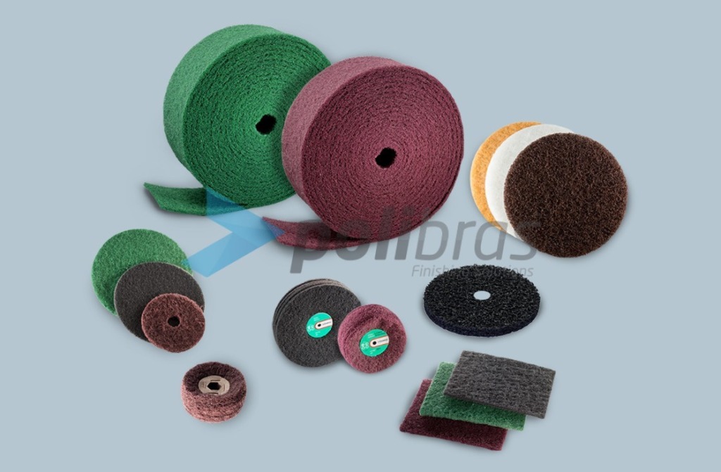 Discos, Folhas e Rolos de Malha Abrasiva, da Polibras. Diversas medidas, de acordo com a necessidade do cliente. As melhores soluções de Acabamento.
