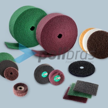 Discos, Folhas e Rolos de Malha Abrasiva, da Polibras. Diversas medidas, de acordo com a necessidade do cliente. As melhores soluções de Acabamento. 