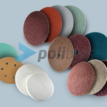 Discos de Fixação Rápida, de Lixa com diversos materiais e suportes, ou de Malha Abrasiva e Surface Conditioning com diversos materiais abrasivos e grãos.